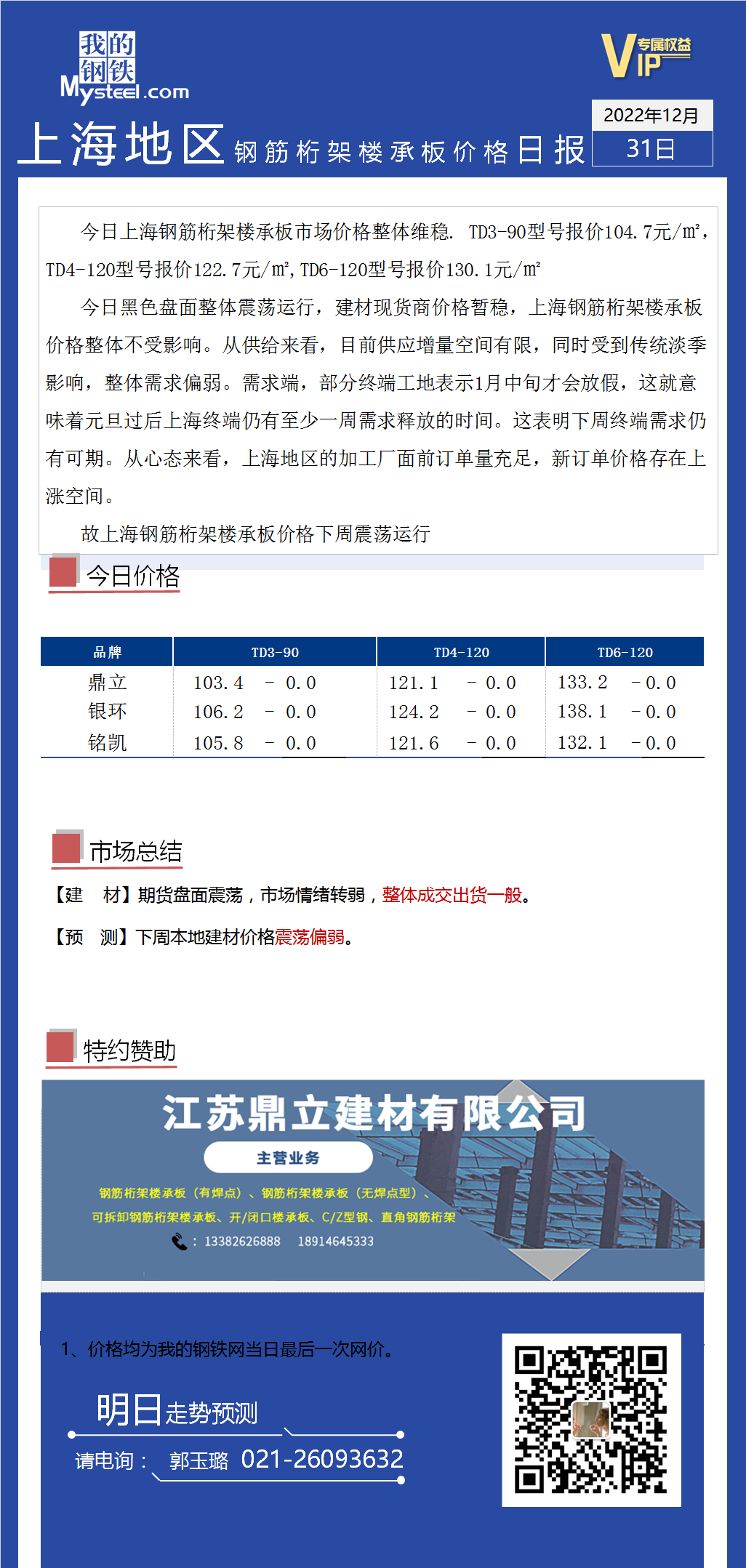 <a href='https://m.mysteel.com/' target='_blank' style='color:#3861ab'>Mysteel</a>日报：上海市场钢筋桁架楼承板价格维稳