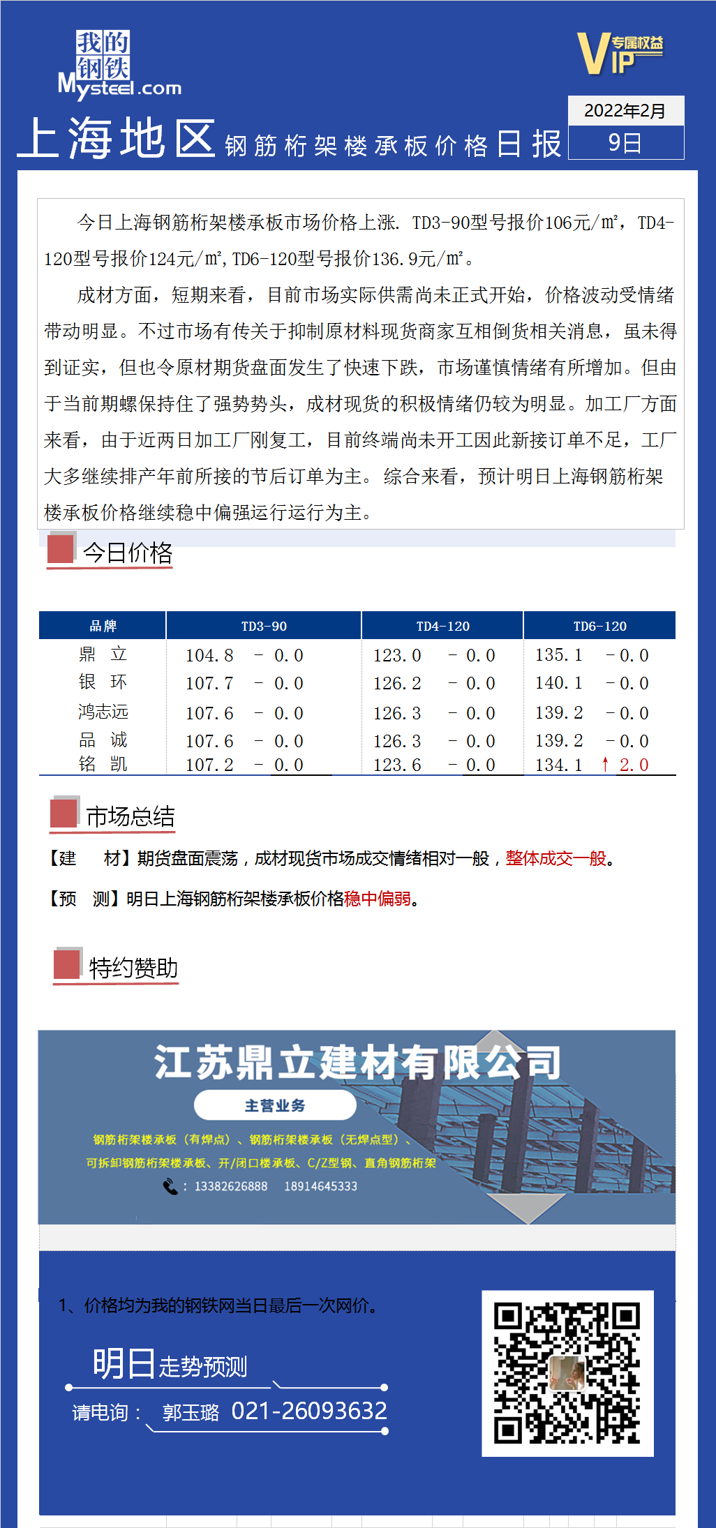 <a href='https://www.mysteel.com/' target='_blank' style='color:#3861ab'>Mysteel</a>日报：上海钢筋桁架楼承板价格暂稳